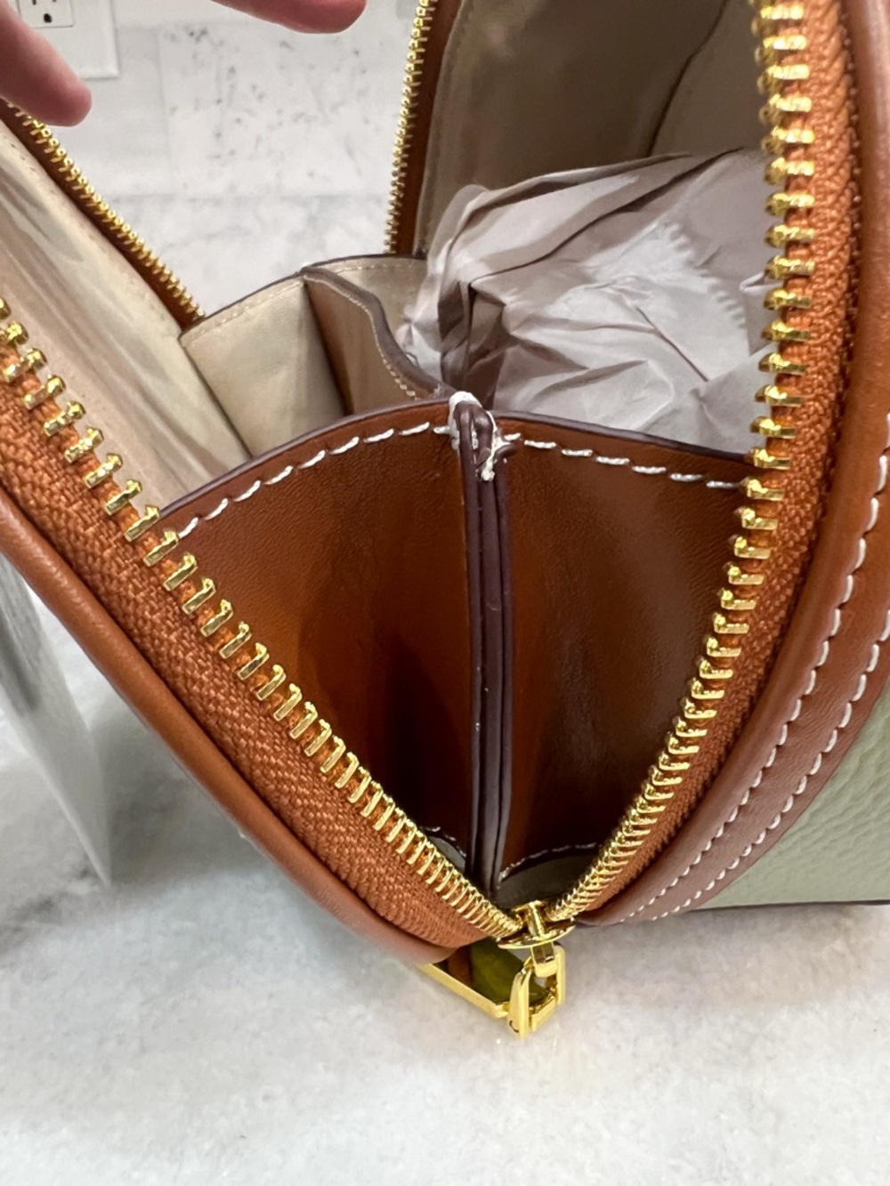 Genuine Pebbled Leather Olive and Tan Round Zippered Crossbody Bag - Picture 8 of 12